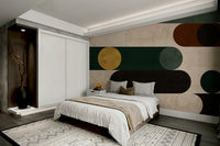 Clean and striking wall mural with bold circles and lines in a geometric pattern.

