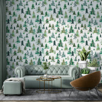 Woodland-inspired wallpaper with soft watercolor forest trees.

