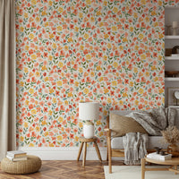 Wallpaper with watercolor fresh flowers in warm spring hues.

