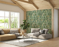 Wallpaper with softly painted spruce and pine trees.

