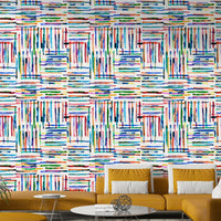 Wallpaper featuring a loose blue grid in a soft painted texture.

