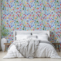 Watercolor mural with loose flowers and painterly textures.

