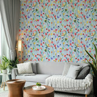 Artistic floral wallpaper in calming blues and earthy neutrals.

