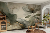 Watercolor-style wallpaper in sage and cream tones

