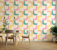 Retro-inspired wallpaper with boomerang design in mint and blush tones.

