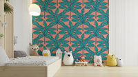 Tropical wallpaper featuring desert leaves in aqua blue and clay pink.

