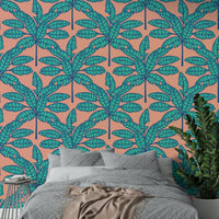Desert Leaves Oasis Retro Mid Century Tropical Aqua Blue Clay Pink Wallpaper with vibrant tropical foliage.

