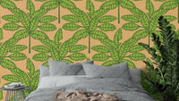 Desert Leaves Oasis Retro Mid Century Tropical Green Orange Wallpaper with vibrant leaves.

