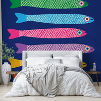 Vibrant fish mural with bright hues on a royal blue canvas.

