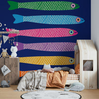 Fun, colorful fish mural with a royal blue backdrop, perfect for children’s spaces.

