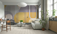 Modern abstract shapes and colors in mid-century mural design.


