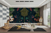 Magical night garden mural with soft moonlight and flowers.

