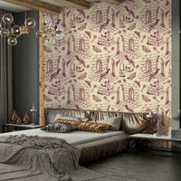 Burgundy Toile de Jouy wallpaper for literary-inspired rooms

