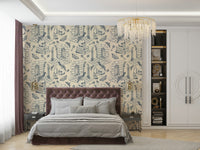 Toile wallpaper in rich twilight blue for home décor

