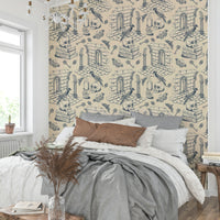 Wall mural with detailed sketch scenes on navy background

