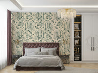 Wall mural with antique toile sketches on deep green

