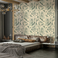 Ivy green wallpaper mural with classic toile scenes

