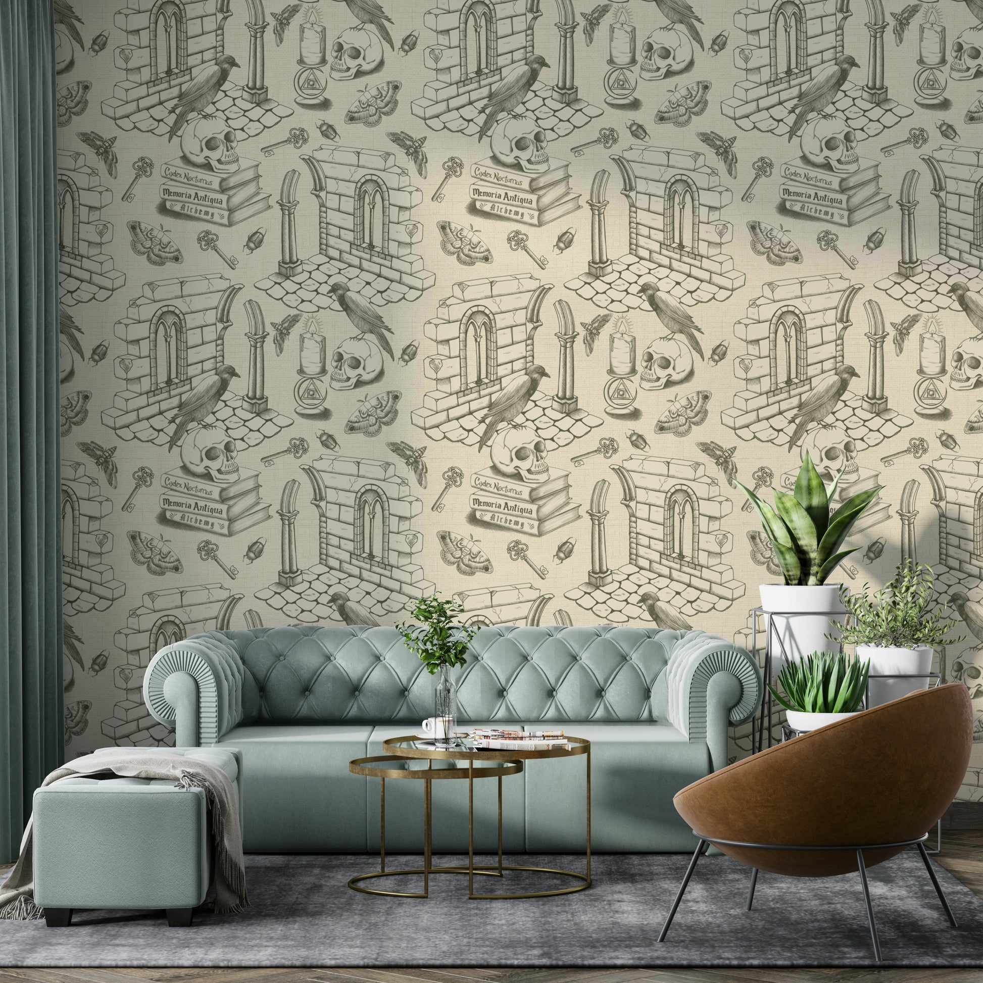 Olive mural wallpaper showing classic toile scenes

