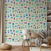 Blue pearl mural wallpaper with creative bug design


