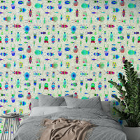 Soft blue wallpaper with vibrant insect illustrations

