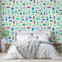 Calm wall mural with bug patterns and pearl tones

