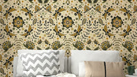 Detailed golden moths in garden wallpaper design

