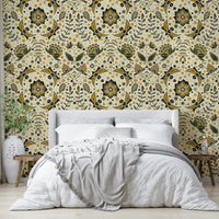 Beige wallpaper with rich botanical illustrations

