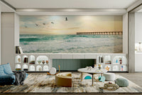 Soft orange, pink, and purple hues in Serene Sunset Seascape mural.

