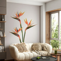 Eye-catching Bird of Paradise floral design on wall mural.

