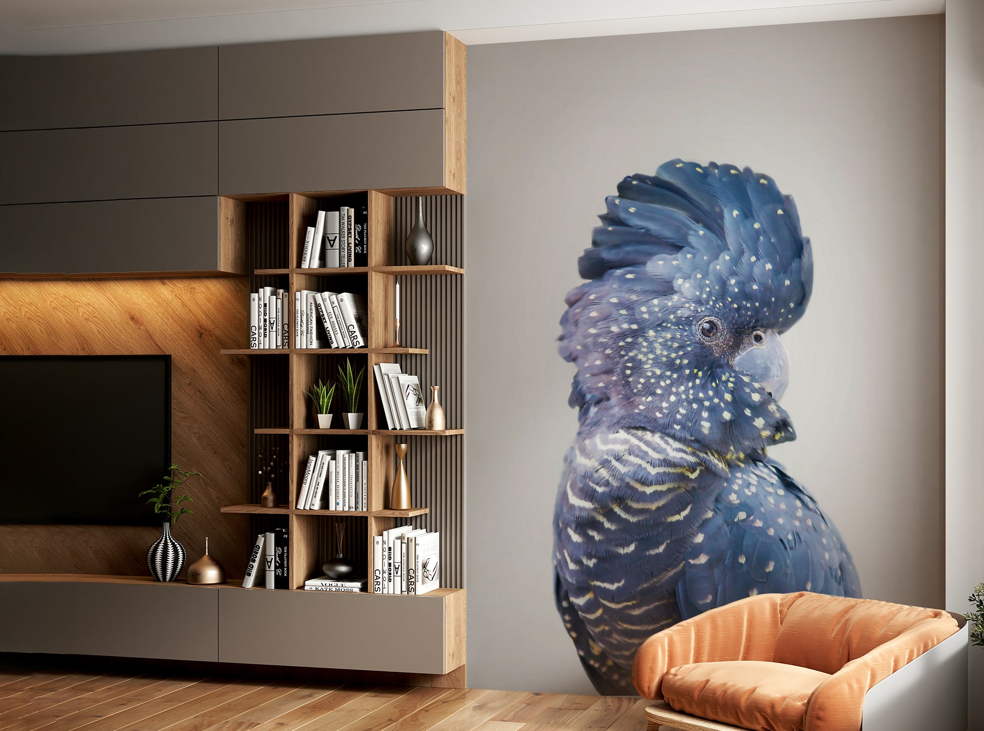 Stunning black cockatoo bird on wall mural for sophisticated decor.

