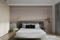 Ocean view wall mural with golden sunset tones

