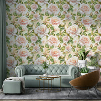 Intricate rose pattern wallpaper mural adding beauty to interiors.

