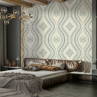 Airy interior with soft damask wallpaper

