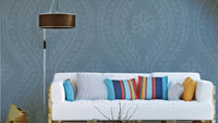Faded Ogee Damask wallpaper in Arona blue-grey


