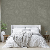 Ogee damask mural in aged, subtle finish

