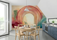 Dreamlike portal framed by colorful rainbow arches in mural design.

