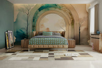 Peaceful nature-inspired portal design in the wall mural.

