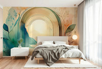 Botanical Dream Arches mural with lush leaves and soft colors.

