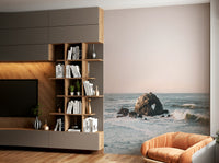 Ocean-inspired mural featuring soft waves and sandy shores.

