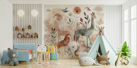 Calm and soothing woodland animals in Gentle Woodland Safari mural.

