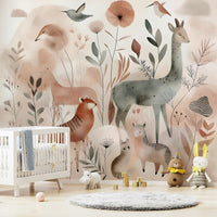 Peaceful woodland scene with animals in Gentle Woodland Safari mural.

