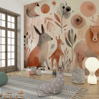 Whimsical wild animals in bold patterns on wall mural design.

