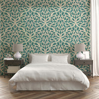 Teal leaf wallpaper for calming interior design

