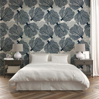 Marine botanical wallpaper in white and navy hues

