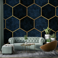 Sophisticated midnight blue wall mural with hexagon shapes.

