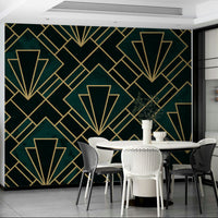 Vintage-inspired emerald Art Deco wall mural with gold accents.

