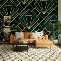 Art Deco mosaic mural in emerald and gold tones for modern spaces.

