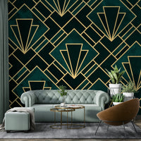 Emerald Art Deco Mosaic Wall Mural with bold geometric shapes.

