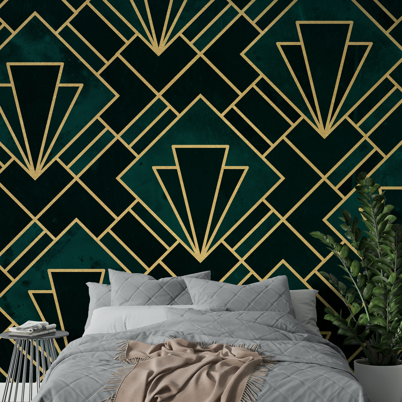Luxurious emerald green and gold Art Deco wall mural.

