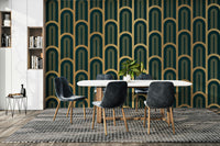 Bold Art Deco mural with gold columns and geometric accents

